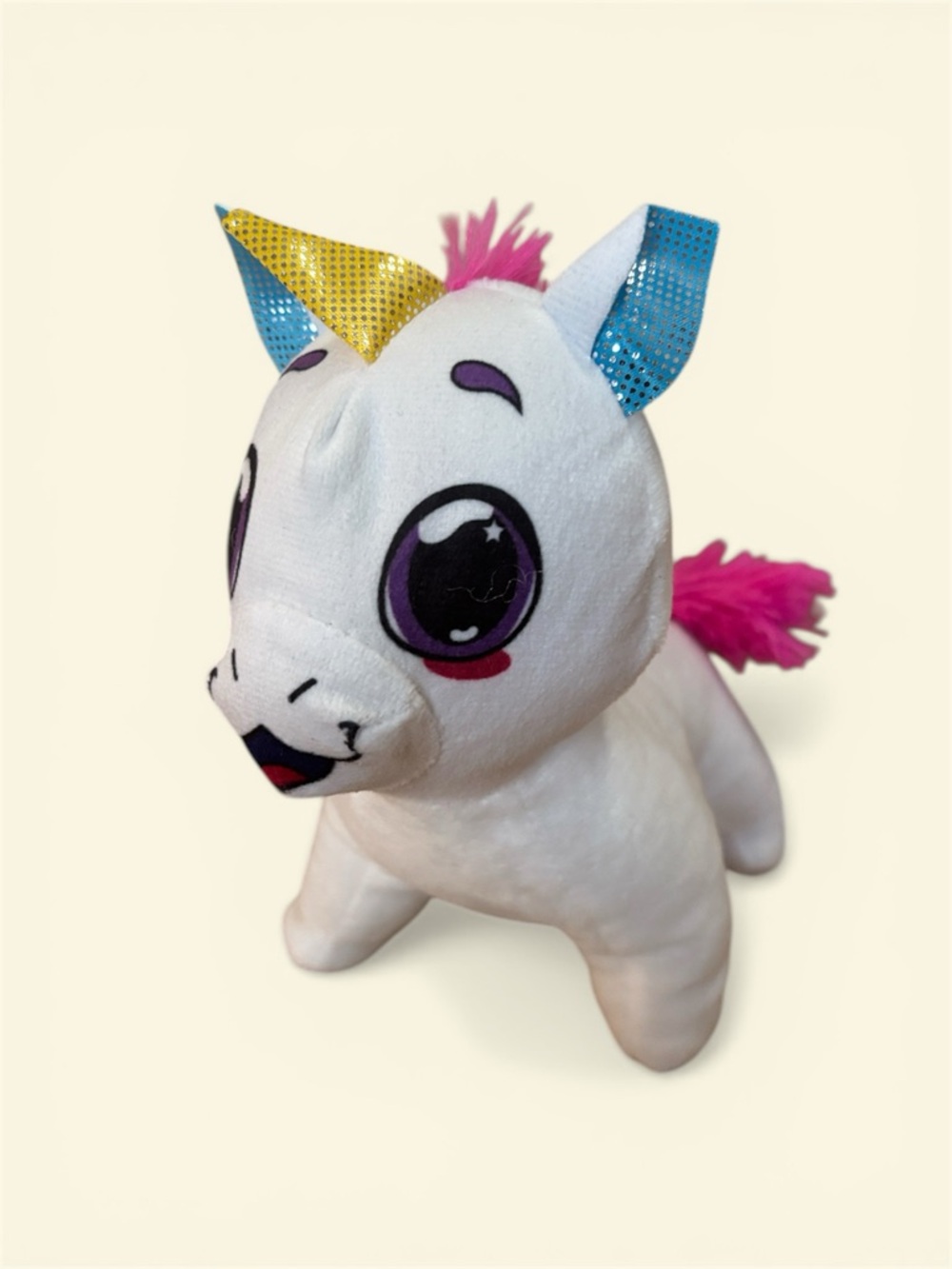 Plush White Unicorn Toy with Pink Mane and Sparkle Ears